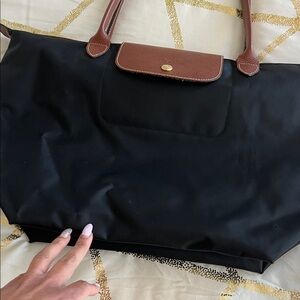 Longchamp Black Tote with Brown Accents